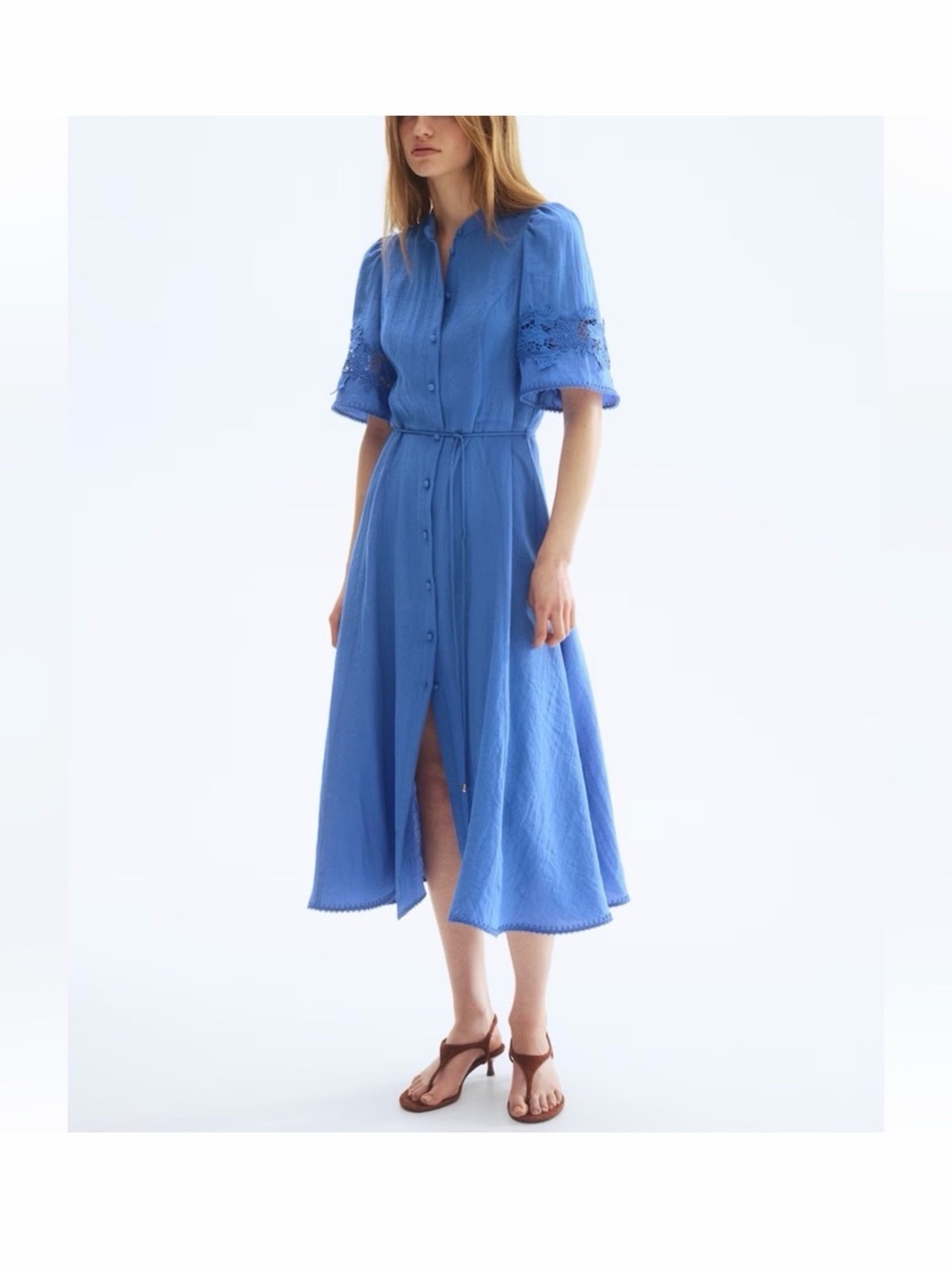H&M Midi Shirt Dress Sz M Lace Embroidered Fit Flare Cottagecore Shirtdress